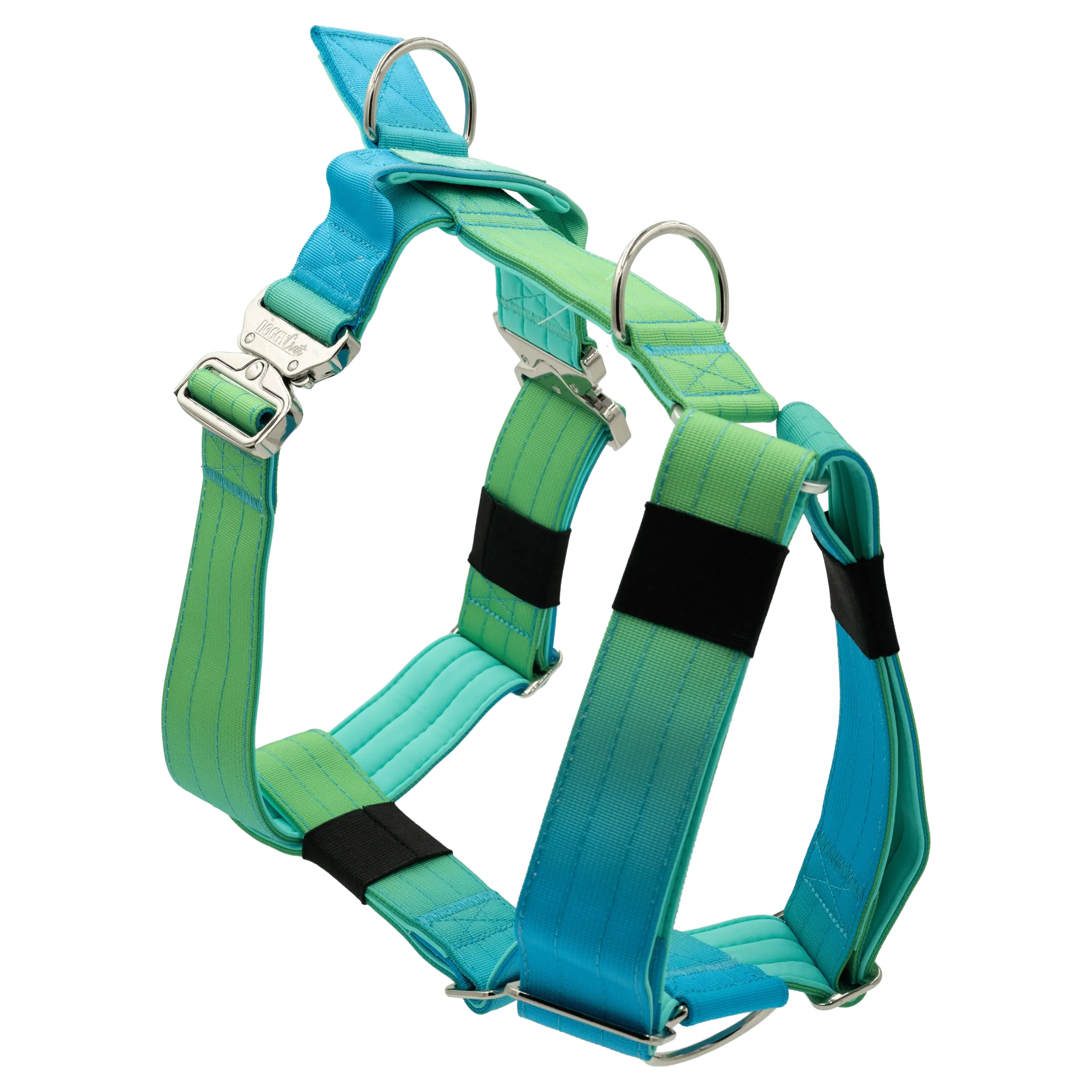 Arnés táctico Savage de DoggyCraft para perros, degradado de verde lima a turquesa y azul, con anilla frontal antitirones y asa de emergencia