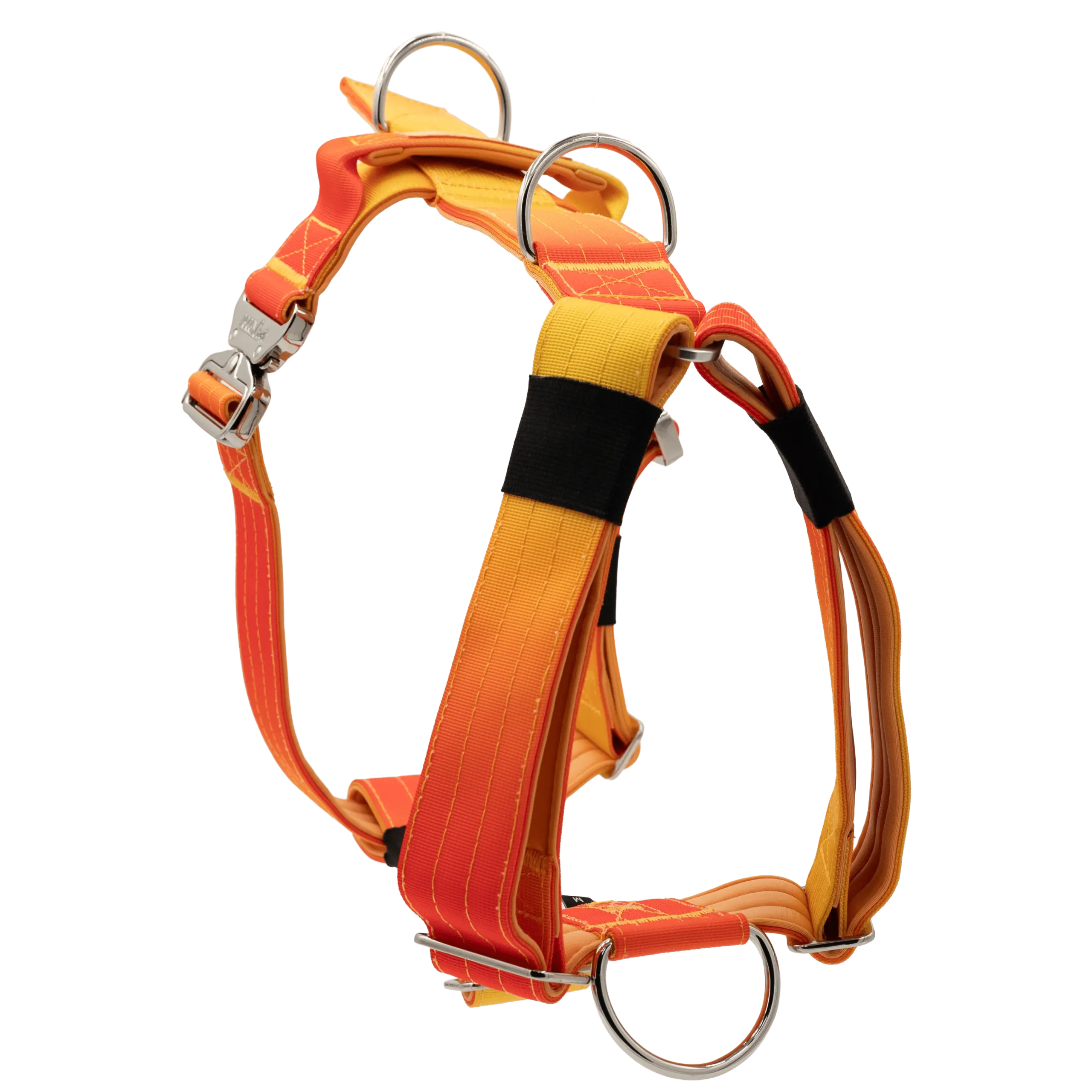 Arnés táctico Sunset de DoggyCraft para perros, degradado de amarillo a naranja y rojo, con anilla frontal antitirones y asa de emergencia