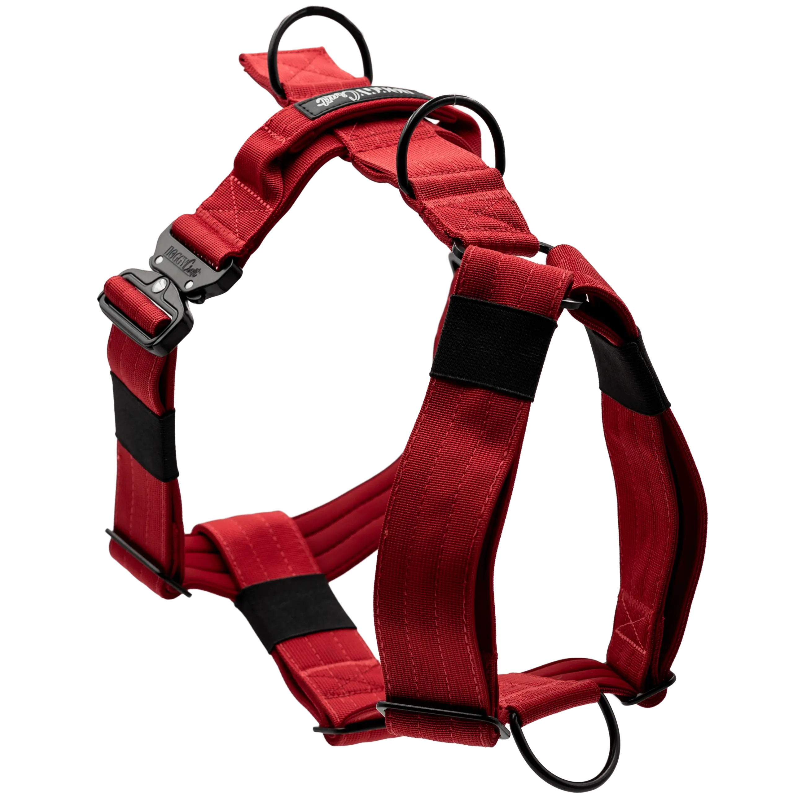 Arnés táctico Velvet de DoggyCraft para perros, rojo burdeos liso con herrajes negros, con anilla frontal antitirones y asa de emergencia