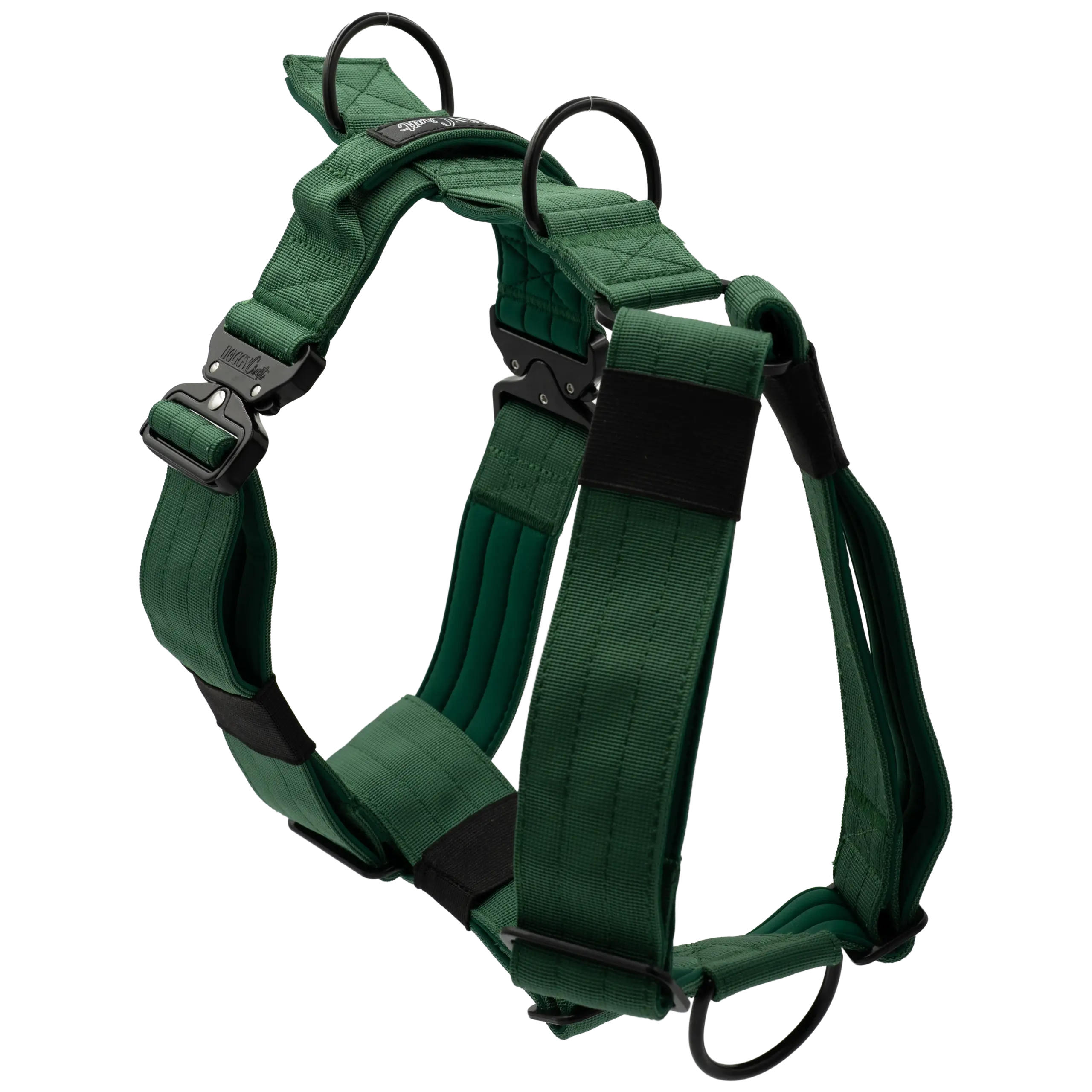 Arnés táctico Forest de DoggyCraft para perros, verde bosque liso con herrajes negros, con anilla frontal antitirones y asa de emergencia