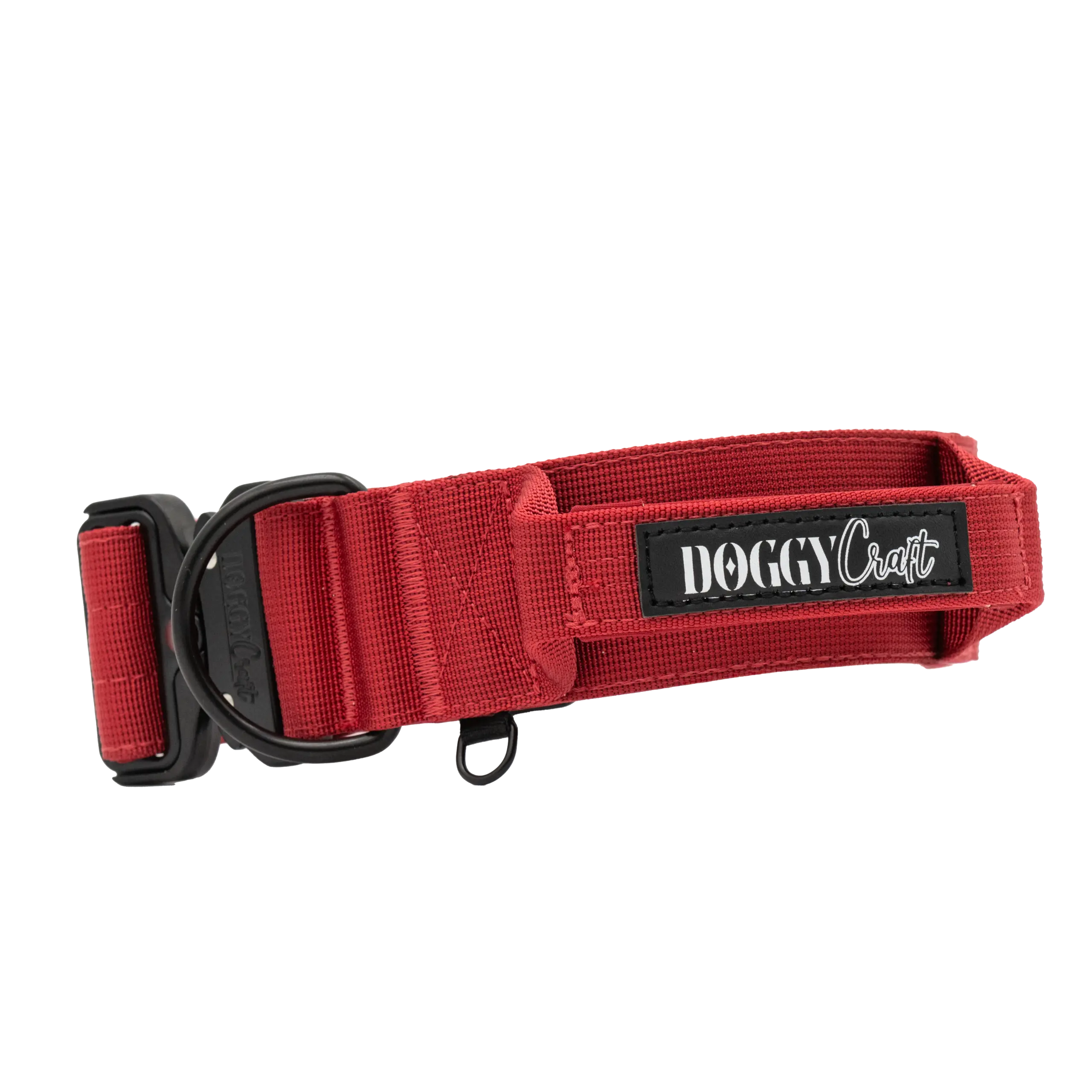 Collar táctico Velvet de DoggyCraft para perros, burdeos con herrajes negros, 5 cm de ancho con asa de emergencia