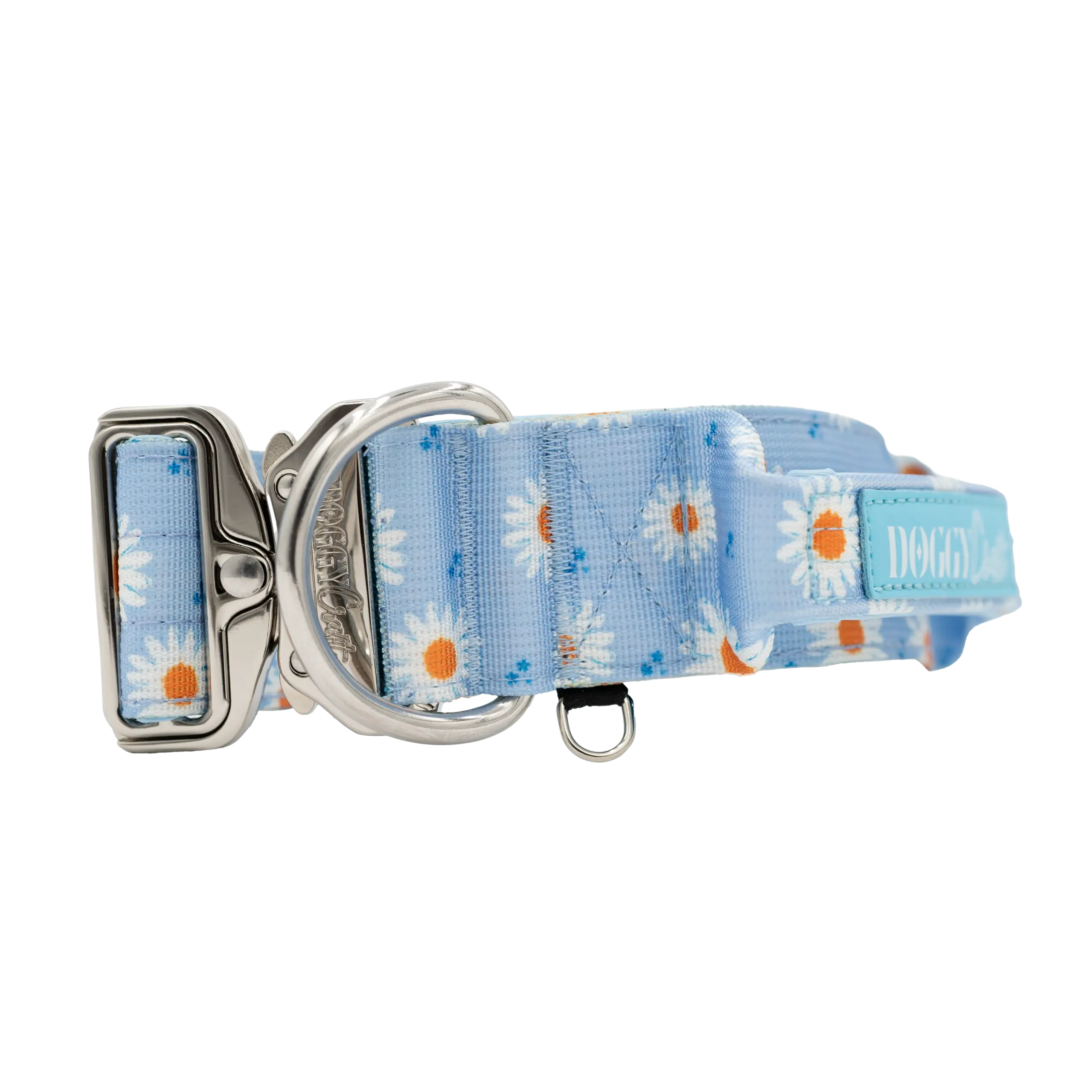 Collar táctico Bloom de DoggyCraft para perros, edición limitada, azul celeste con margaritas blancas, 5 cm de ancho