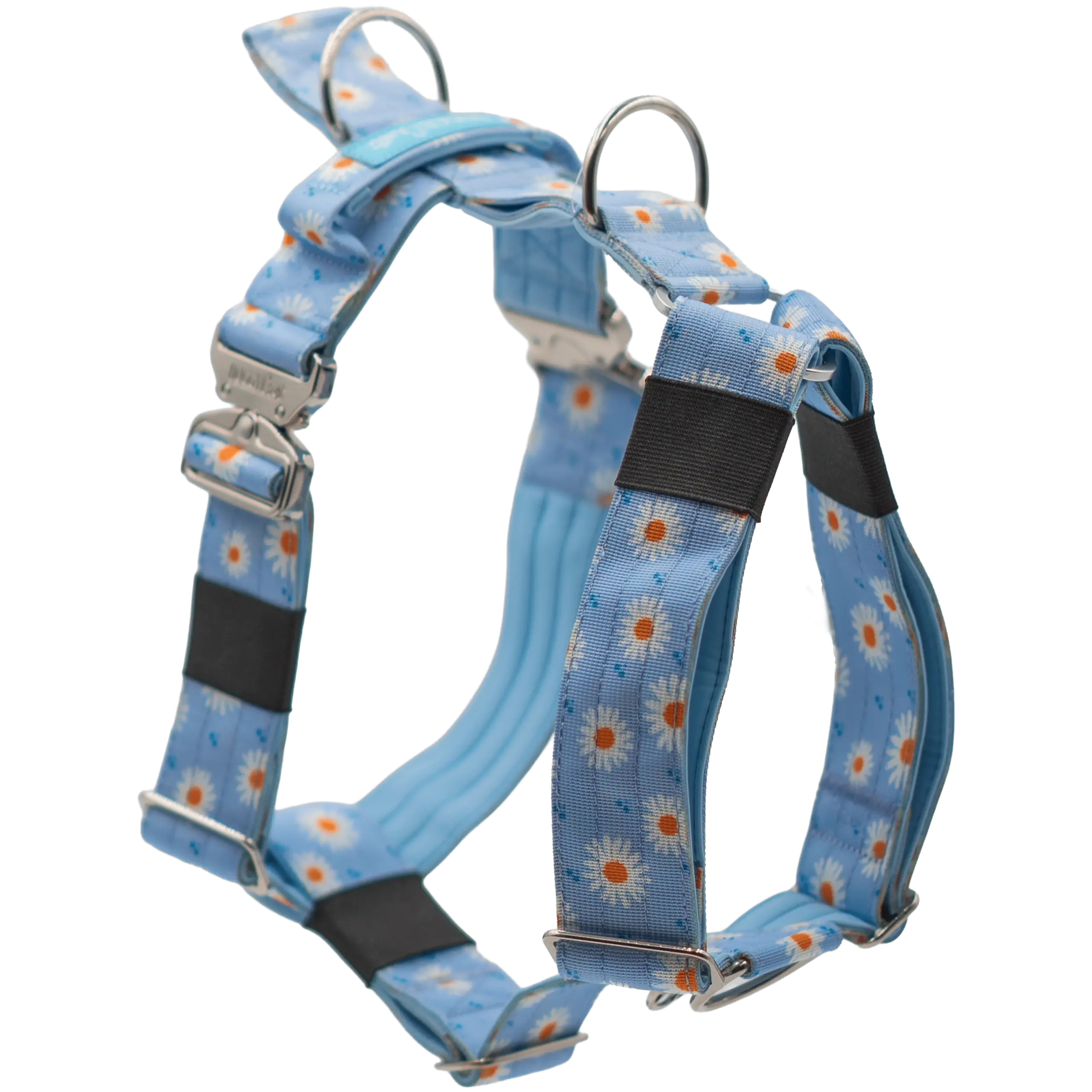 Arnés táctico Bloom de DoggyCraft para perros, azul celeste con margaritas blancas, con anilla frontal antitirones y asa de emergencia