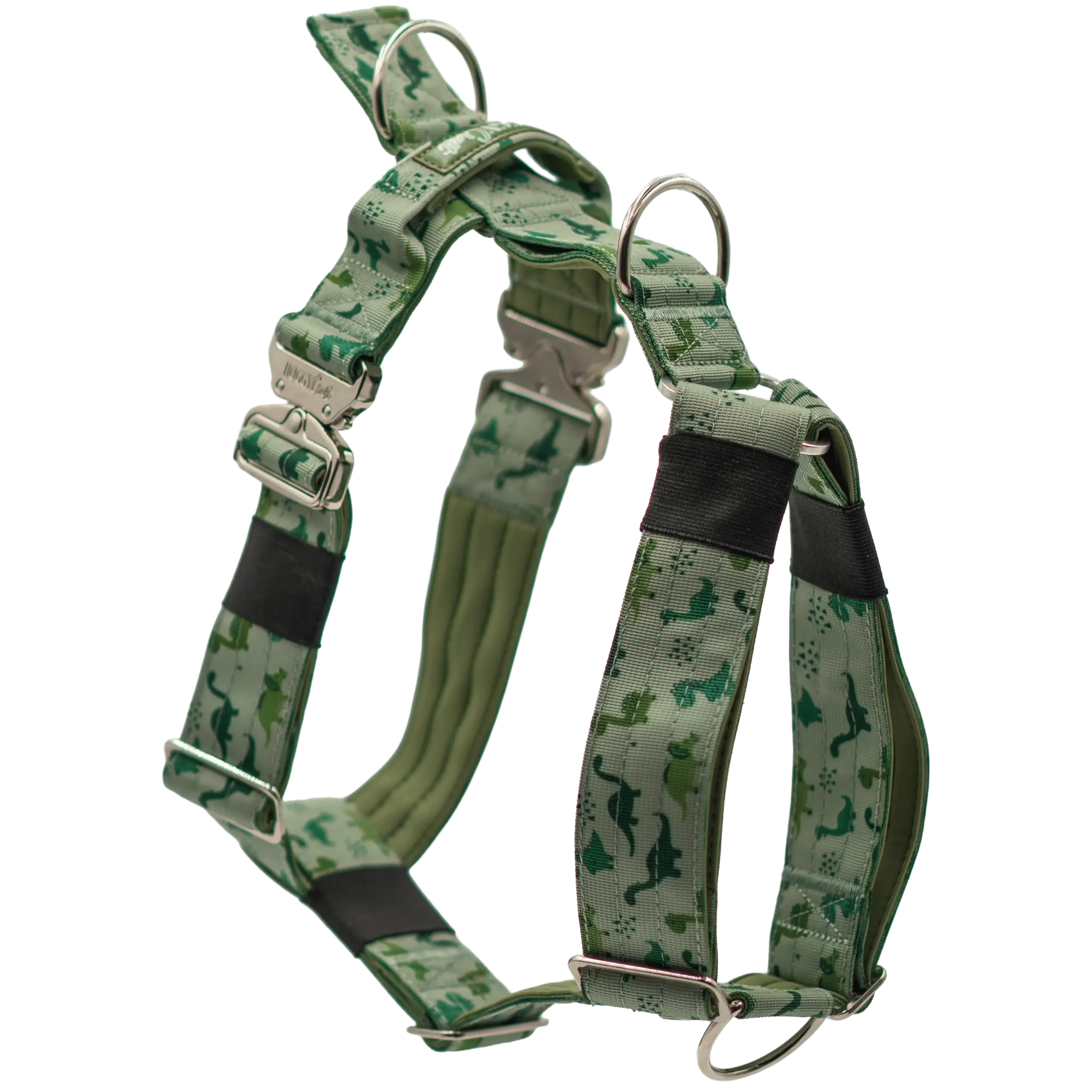 Arnés táctico Jurassic de DoggyCraft para perros, estampado de dinosaurios en tonos verdes, con anilla frontal antitirones y asa de emergencia