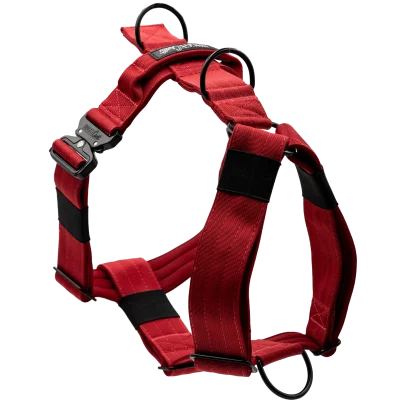 Arnés táctico Velvet de DoggyCraft para perros, rojo burdeos liso con herrajes negros, con anilla frontal antitirones y asa de emergencia
