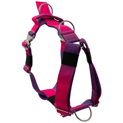 Arnés táctico Berry de DoggyCraft para perros, degradado de fucsia a violeta, con anilla frontal antitirones y asa de emergencia