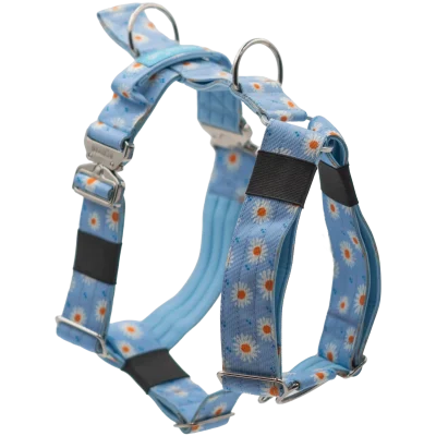 Arnés táctico Bloom de DoggyCraft para perros, azul celeste con margaritas blancas, con anilla frontal antitirones y asa de emergencia