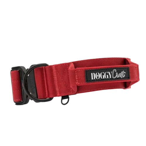 Collar táctico Velvet de DoggyCraft para perros, burdeos con herrajes negros, 5 cm de ancho con asa de emergencia